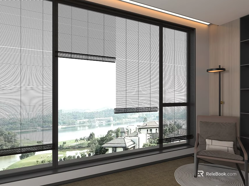 Modern Window Blinds In Living Interior With River View Floor Lamp And Chair 3d model 