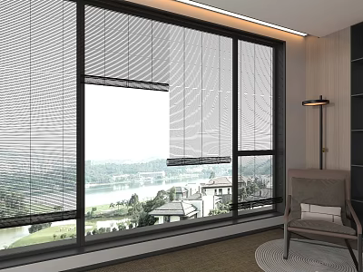 Modern Window Blinds In Living Interior With River View Floor Lamp And Chair 3d model
