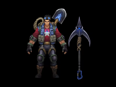 Warrior Character Wearing Red Shirt Star Vest Goggles With Large Axe And Spear Weapon 3d model