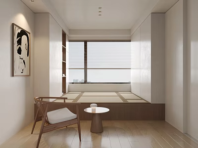 Modern Tatami Bedroom Interior Featuring Light Wooden Flooring Low Table Chair And Window Blinds 3d model