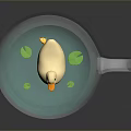 Cute Yellow Duck Toy in Gray Mug with Green Lily Pads on Water