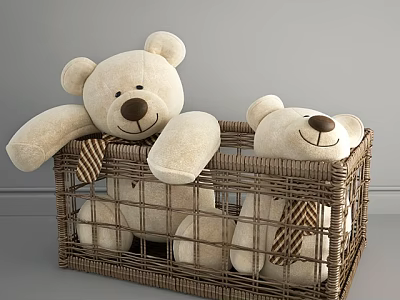 Plush Teddy Bears in Wicker Basket with Soft Texture and Cute Expressions 3d model