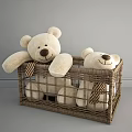 Plush Teddy Bears in Wicker Basket with Soft Texture and Cute Expressions 3d model