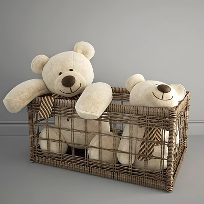 Plush Teddy Bears in Wicker Basket with Soft Texture and Cute Expressions 3d model