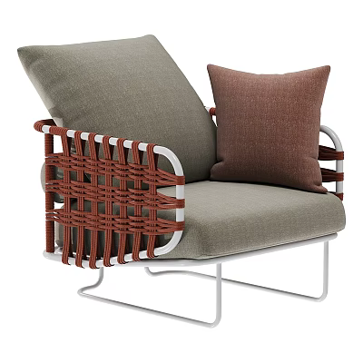 Stylish Single Sofa With Woven Armrest Gray Cushion Brown Pillow And Metal Frame 3d model