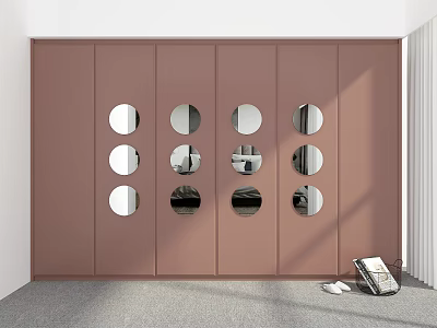 Modern Brown Wardrobe Featuring Multiple Round Mirrors on Sliding Doors for Stylish Home Decor 3d model