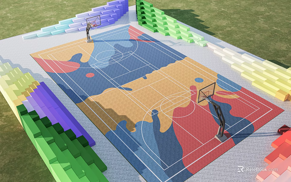 Colorful Basketball Court With Vibrant Floor Tiered Stands Hoops And Modern Design 3d model 