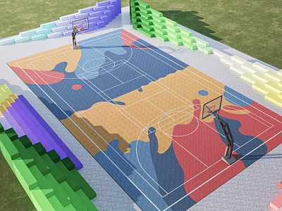Colorful Basketball Court With Vibrant Floor Tiered Stands Hoops And Modern Design 3d model