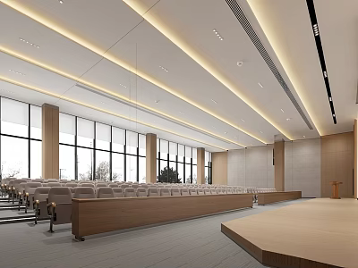 Modern Large Spacious Conference Room Interior With Floor to Ceiling Windows Arranged Seats and Lectern 3d model