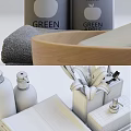 Stylish Bathroom Accessories Set With Folded Towels Soap Bars And Flower Vase