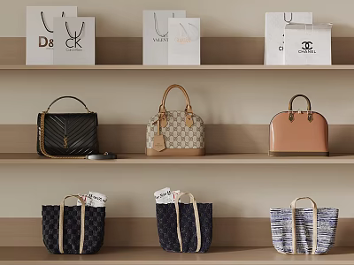 Stylish Handbags And Designer Shopping Bags Displayed On Wooden Shelves 3d model