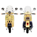 Vintage Style Motorcycle Yellow And Navy Blue With Brown Seat Metal Rack And Windshield