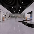 Modern Hall Interior With Red Spiral Staircase Black Floor Design Wall Paintings And Decorative Tree