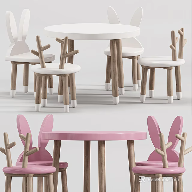 Cute Kids Table Set With Rabbit Ear Chairs And Wooden Legs In Pink White 3d model 