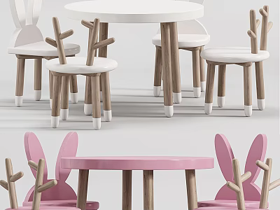 Cute Kids Table Set With Rabbit Ear Chairs And Wooden Legs In Pink White 3d model