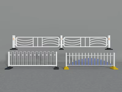 White Decorative Fences with Wavy Patterns Straight Bars Blue Stripes and Yellow Black Bases 3d model