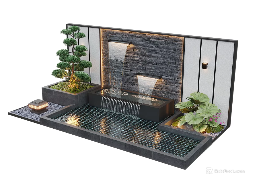 Elegant Feature Wall With Waterfall Stone Wall Small Pool Green Plants And Landscape Lighting 3d model 