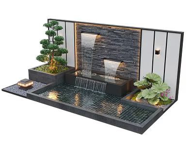 Elegant Feature Wall With Waterfall Stone Wall Small Pool Green Plants And Landscape Lighting 3d model