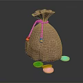 Burlap Storage Bag As Practical Household Item With Tied String And Scattered Gold Red Coins