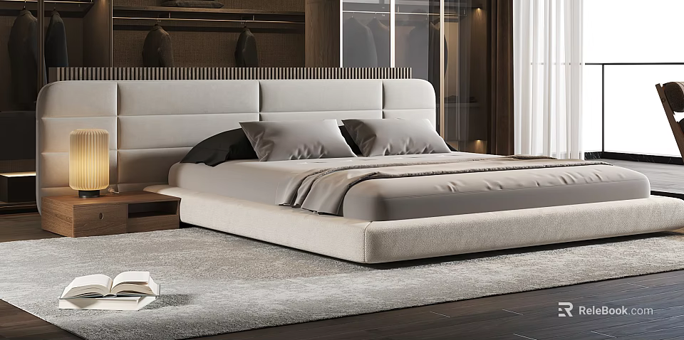 Modern Minimalist Double Bed With Light Gray Upholstered Headboard Pillows On Soft Rug 3d model 