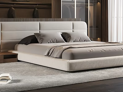 Modern Minimalist Double Bed With Light Gray Upholstered Headboard Pillows On Soft Rug 3d model