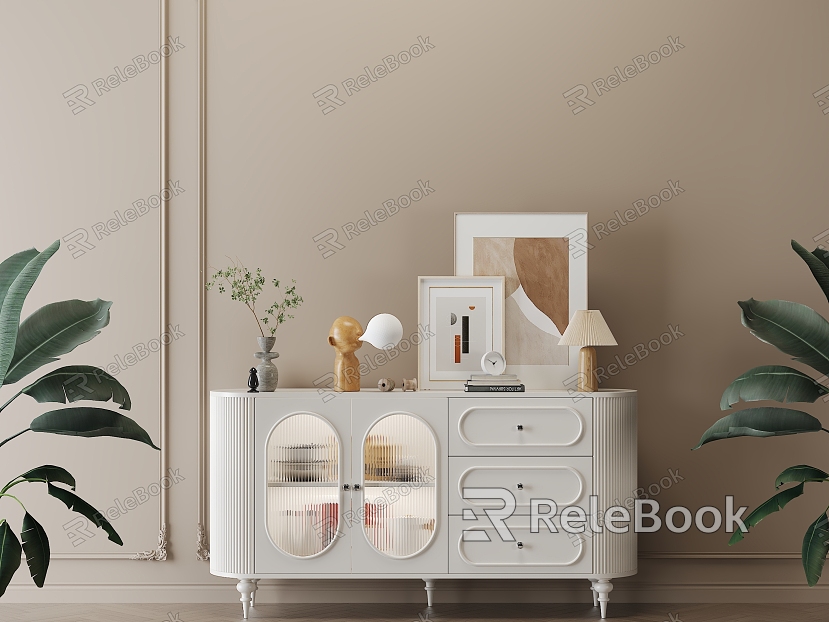 Cream Style Sideboard Side Cabinet Green Plant model