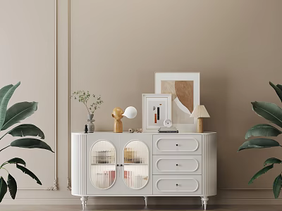 Elegant White Sideboard With Drawers Glass Doors Decorative Items And Green Plants On Beige Wall 3d model