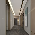 Modern Elevator Hallway Interior Design With Light Wood Panels And Recessed Lighting 3d model