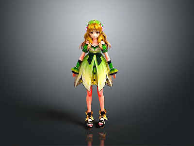 Woman In Green And Yellow Dress With Blonde Hair Green Headpiece Black Decorations And Sandals 3d model