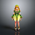 Woman In Green And Yellow Dress With Blonde Hair Green Headpiece Black Decorations And Sandals