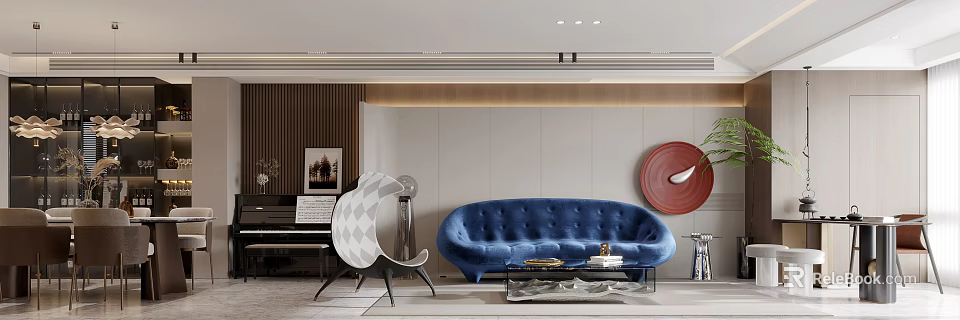 Modern Living Dining Room Interior With Blue Velvet Sofa Glass Coffee Table And Decorative Art 3d model 
