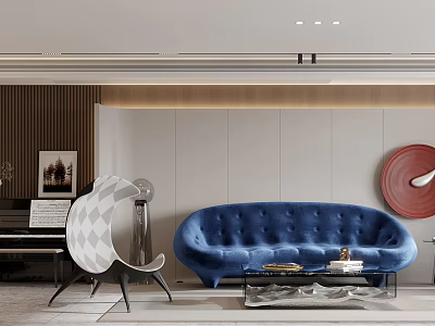 Modern Living Dining Room Interior With Blue Velvet Sofa Glass Coffee Table And Decorative Art 3d model