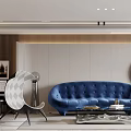 Modern Living Dining Room Interior With Blue Velvet Sofa Glass Coffee Table And Decorative Art