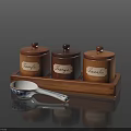 Wooden Spice Jars Set With Thyme Rosemary Laurel Labels And Ceramic Spoon