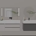 Modern White and Gray Bathroom Double Vanities with Rectangular Circular Lit Mirrors and Green Plants 3d model