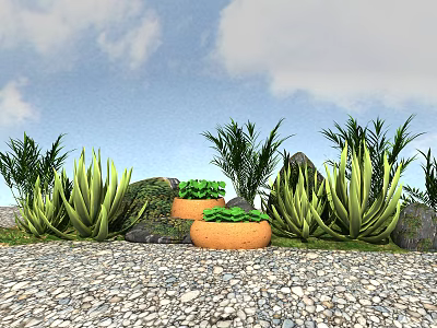 Various Green Plants Including Aloe Palm With Orange Planters On Gravel Ground Under Blue Sky 3d model
