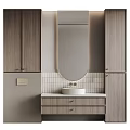 Modern Bathroom Washbasin Vanity With Wooden Cabinets Round Mirror And Tile Backsplash