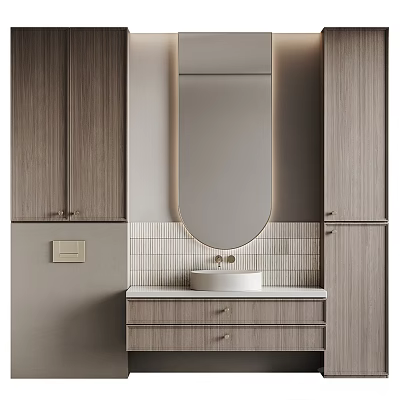 Modern Bathroom Washbasin Vanity With Wooden Cabinets Round Mirror And Tile Backsplash 3d model