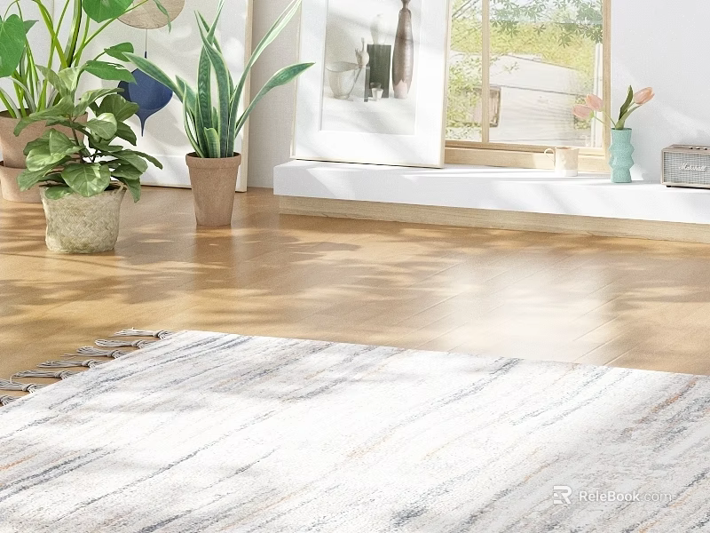 Various Bonsai Potted Plants In Sunlit Room With Wooden Floor And Decorative Rug 3d model 