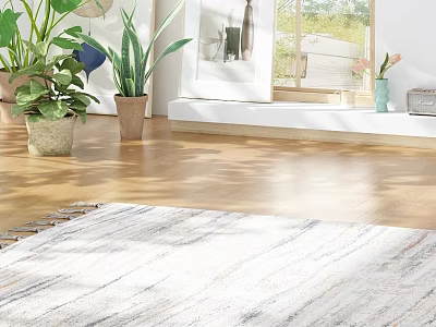 Various Bonsai Potted Plants In Sunlit Room With Wooden Floor And Decorative Rug 3d model