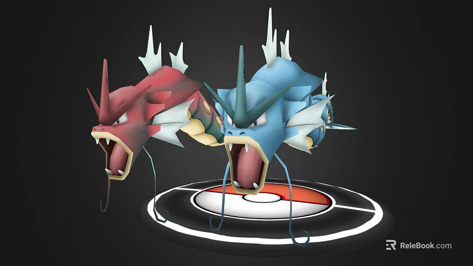 Game Dragon Characters Red and Blue Fierce with Open Mouths on Poké Ball Platform 3d model 