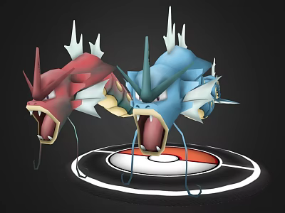 Game Dragon Characters Red and Blue Fierce with Open Mouths on Poké Ball Platform 3d model
