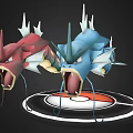 Game Dragon Characters Red and Blue Fierce with Open Mouths on Poké Ball Platform