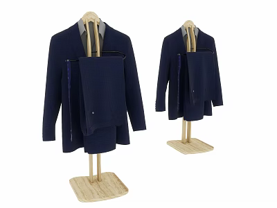 Dark Blue Long Sleeve Coat With Front Zip Displayed On Wooden Mannequin Stand 3d model