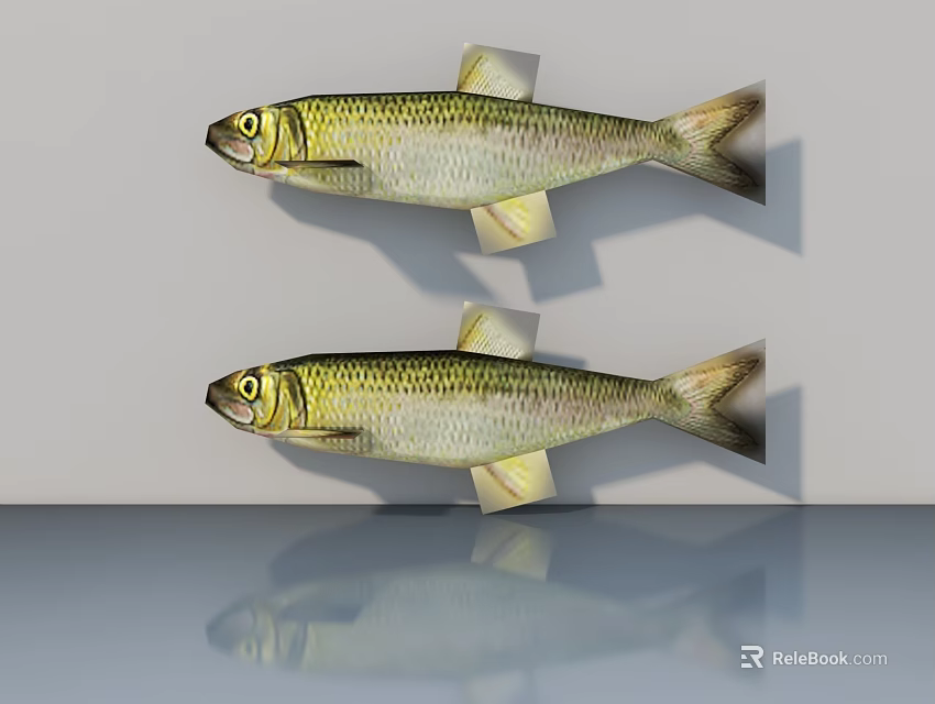 Two Silver Green Fish With Yellow Fins Against Gray Background With Reflection 3d model 