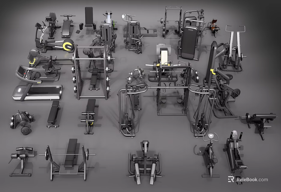 Various Types of Sports Equipment Including Treadmills Weight Benches and Fitness Machines 3d model 