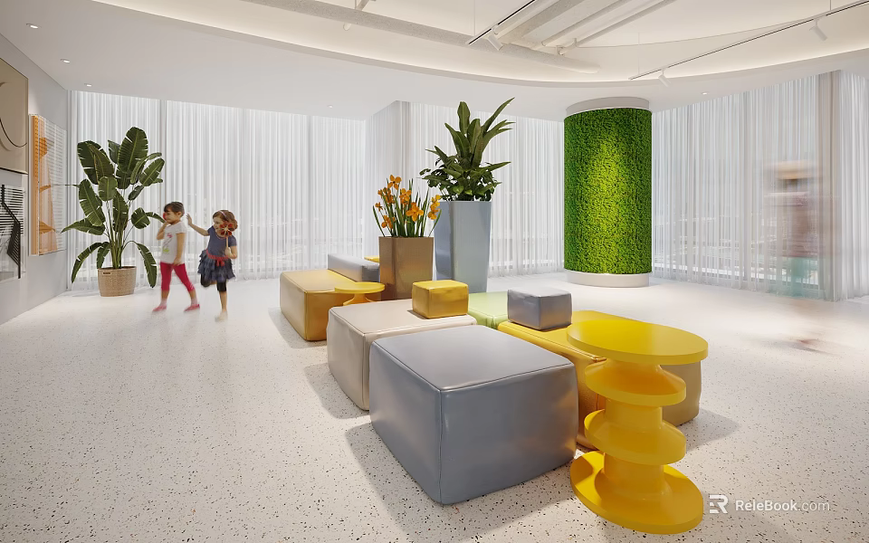 Vibrant Multicolor Cube Leisure Chairs Set For Bright Spacious Modern Public Children Lounge Space 3d model 