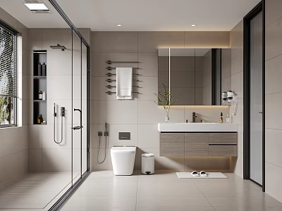 Modern Bathroom Design With Glass Shower Smart Toilet And Vanity 3d model