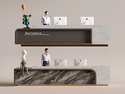 Modern Beauty Salon Reception Desk With Marble Design Staff Computer Monitors And Decorative Elements 3d model