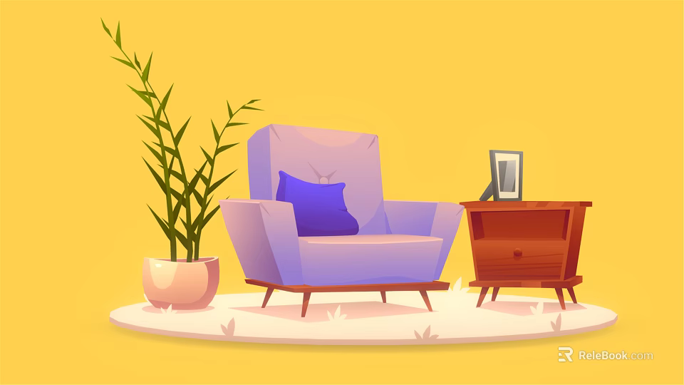 Cozy Purple Single Sofa with Blue Cushion beside Potted Plant Side Table and Photo Frame 3d model 